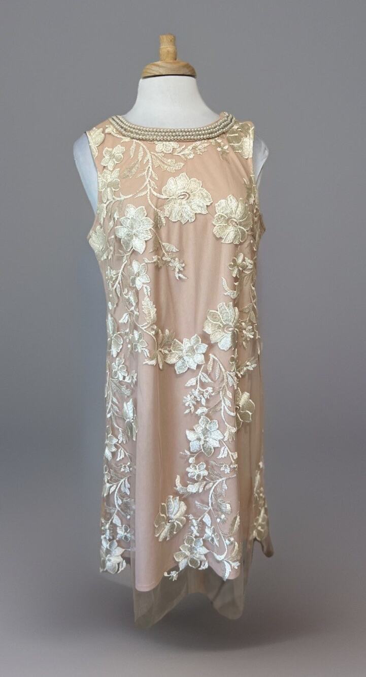 Studio One New York Blush Embroidered Tulle Overlay Faux Pearl Dress Size 14